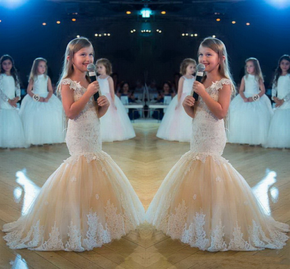 

Amazing Mermaid Flower Girl Dresses Sheer Neckline Capped Sleeves Vintage Lace Appliques Soft Tulle Skirt Little Bride Formal Gowns, Custom made from color chart