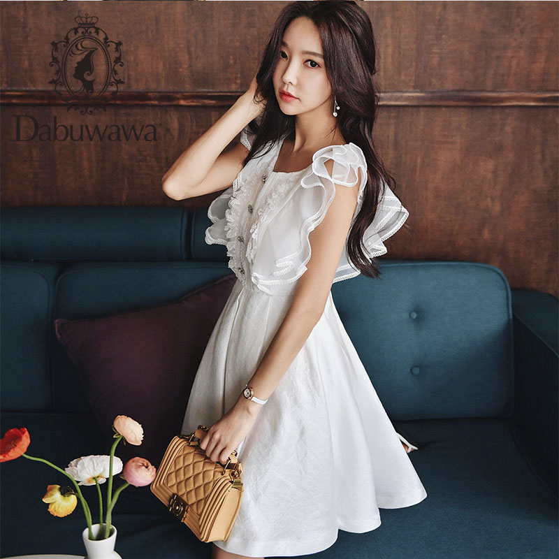 

Dabuwawa Vintage O Neck Ruffle Sleeve Patry Dress Women Slim Fit Sweet Solid Button Front High Waist Dress Female DT1BDR003, White