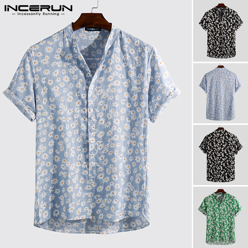 

Summer Fashion Flower Printed Shirt Men Cotton Streetwear Stand Collar 2020 Casual Hawaiian Shirts Short Sleeve Blouse INCERUN, Blue shirt