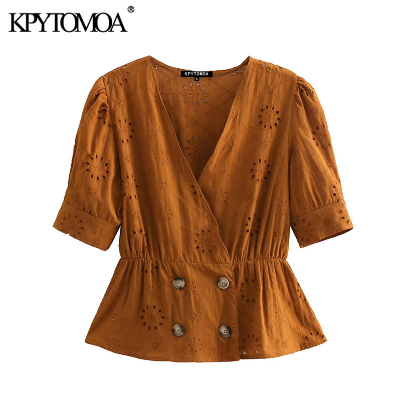

KPYTOMOA Women 2020 Fashion Cutwork Embroidery Ruffled Blouses Vintage V Neck Short Sleeve Female Shirts Blusas Chic Tops, As picture