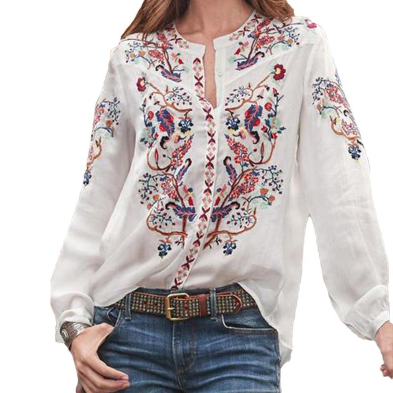 

2020 Vintage Women O Neck Long Sleeve Floral Print Pullover Loose Plus Size Shirt, White