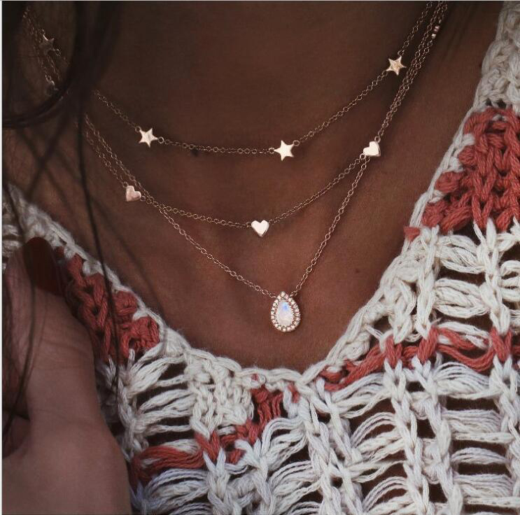 

Fashion Personality Multi-layer Heart Element Pendant Necklace Crystal Rhinestone Water Drop Star Pendant Necklace, Silver