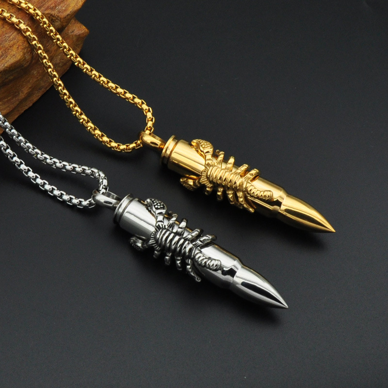 

wholesale hip hop necklaces jewelry Steampunk Gold Color Titanium Stainless Steel Statement Animal Scorpion Bullet Pendant Necklaces for Men