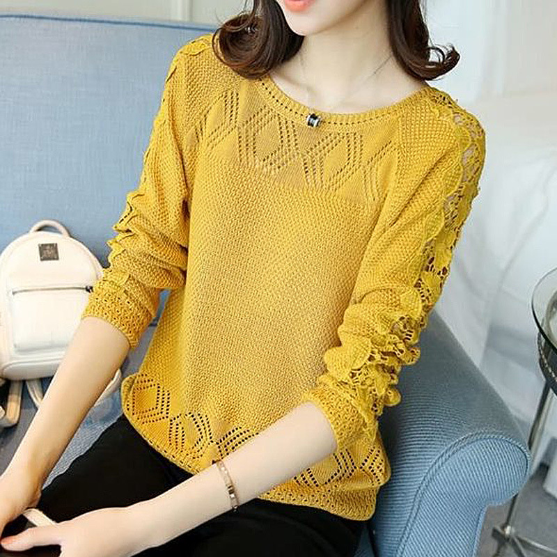 

Spring New Women's Openwork Thin Sweater, Korean Loose Long Sleeve Round Neck Pullover Sweater, Women's Blouse, Black