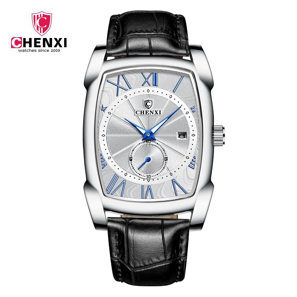 

Luxury Retro Men Square Watches CHENXI Silver Waterproof Genuine Leather Men Watches Roman Numerals Stop Watch Calendar Unique LY191226, Blue