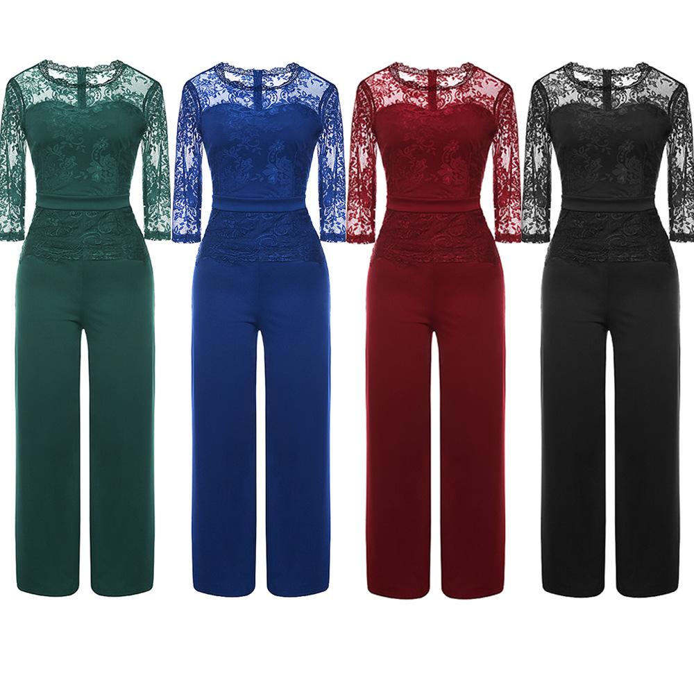 

Summer Jumpsuit styles for Women big Sexy Long Sleeve Bodysuit Full Length Lace Patchwork Bodycon Rompers Womens Playsuits one piece outfits, Blue