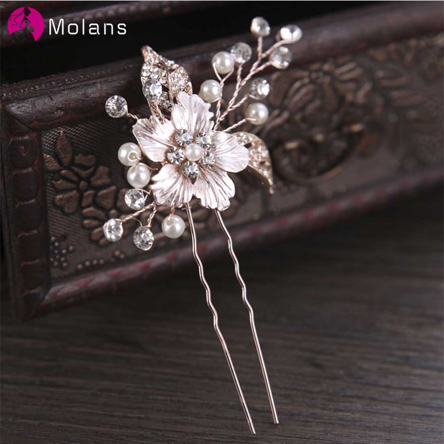 

MOLANS Ancient Pearl Floral Diamond Hairpins for Women Hand-knitted Twisted Alloy Leaf Inlaid Drill Wedding Hair Accessories