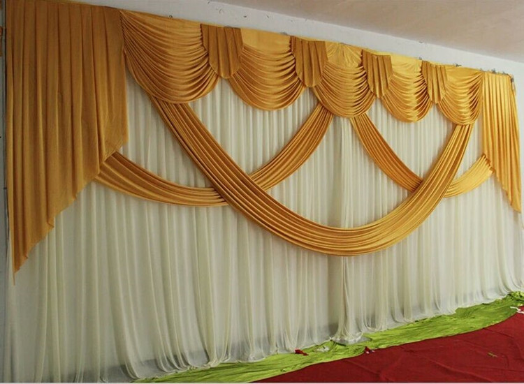 3m*6m Luxury Gold Wedding Backdrop with Beatiful Swag Wedding drape and curtain wedding marriage decoration-image-454895763