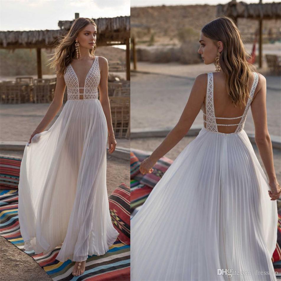

Asaf Dadush Boho Wedding Dresses 2020 Backless Lace Beach Bridal Gowns Ruched Chiffon Floor Length Vestido De Novia, Silver