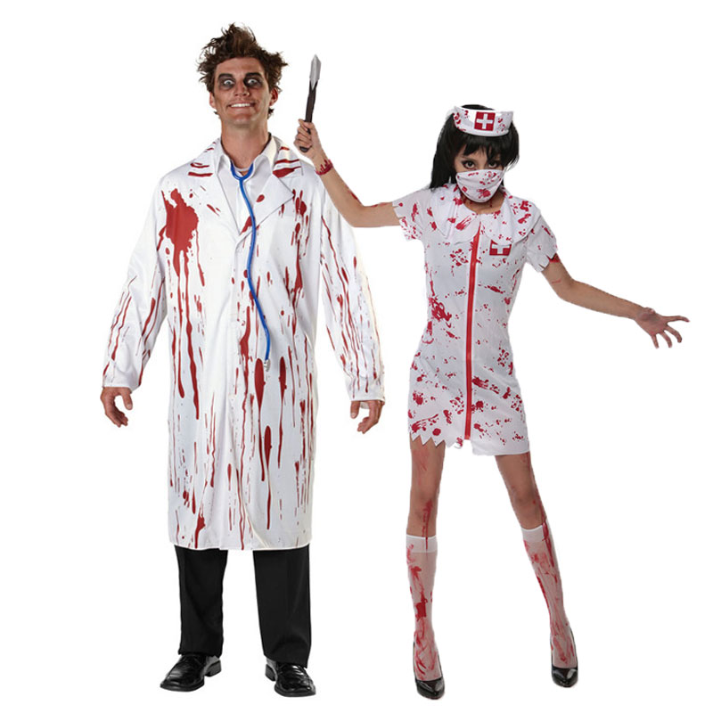 Halloween Party Bloody Nurse Costume Scary Zombie Fancy Dress Cap Mask Uniform