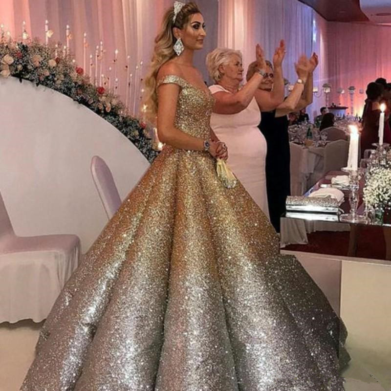 

Shiny Golden Silver Evening Formal Dresses 2020 Off Shoulder Puffy Skirt Arabic Kaftan Ball Gown Occasion Prom Gowns Wear Dress, Same as picture