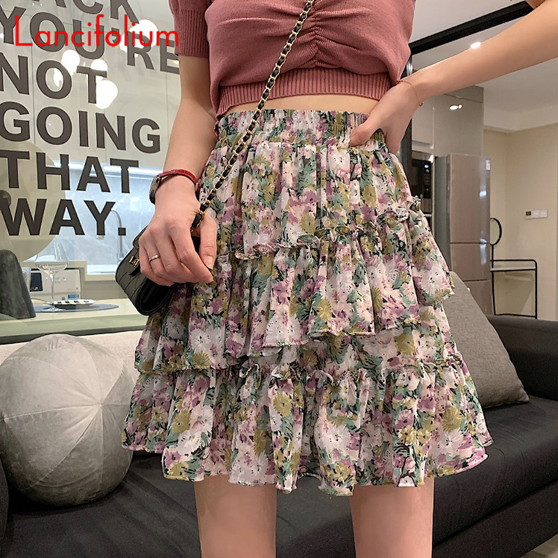 

Floral Ruffle Tiered Chiffon Pleated Mini Skirt Women Cake Elastic High Waist Kawaii Miniskirt Ladies Summer Vintage A Line 2020, Black daisy