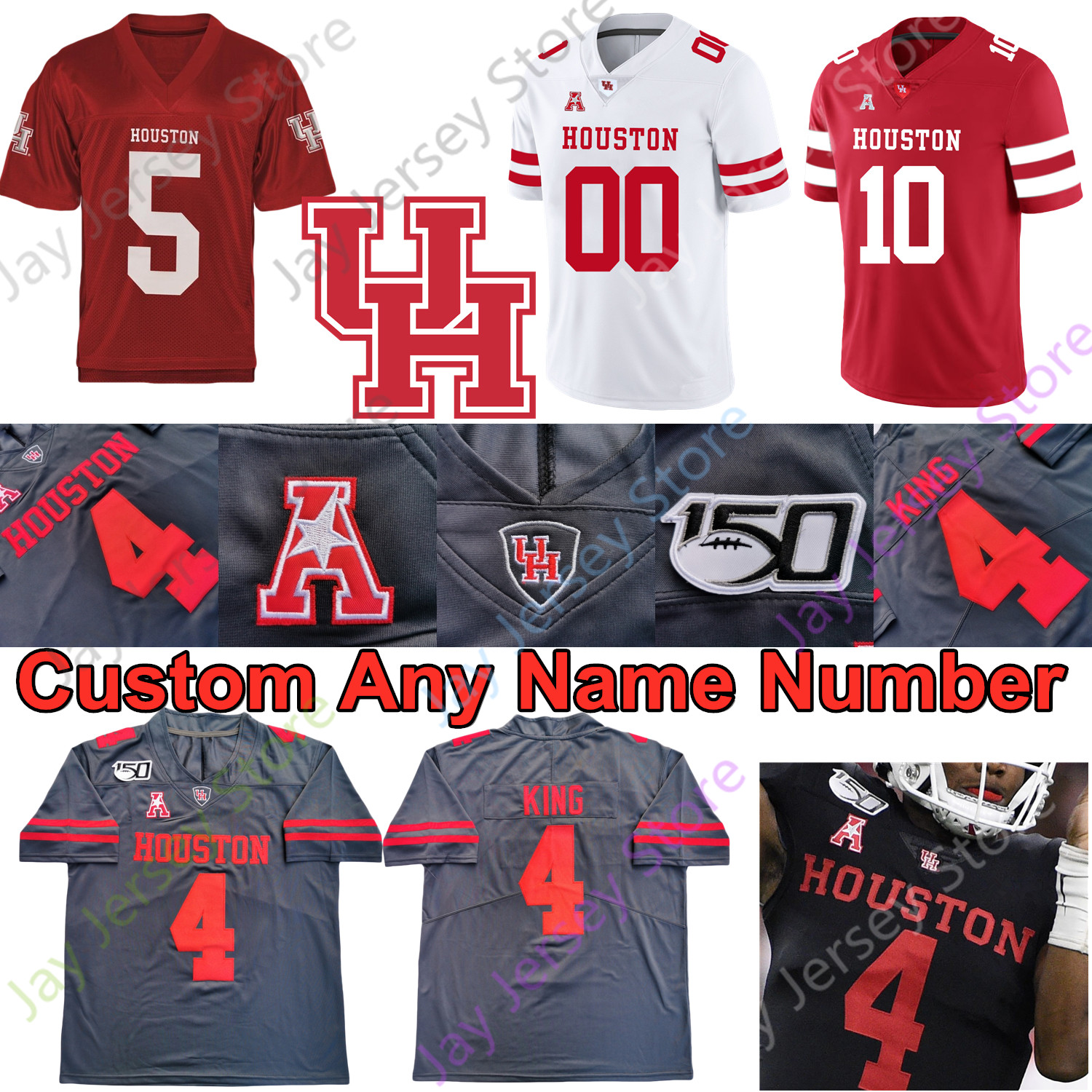 

Houston Cougars Football Jersey NCAA College Chandler Smith Singleton Trahan Robinson Ed Oliver Josh Jones D.J. Hayden Ware Klingler, Grey