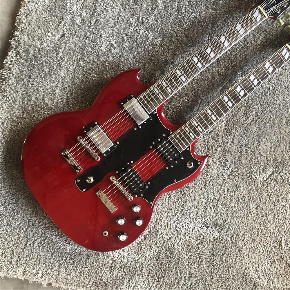 Custom factory wholesale discount price Jimmy Page 12 and 6 strings 1275 double neck led Zeppelin page signature old wine red / blue body el