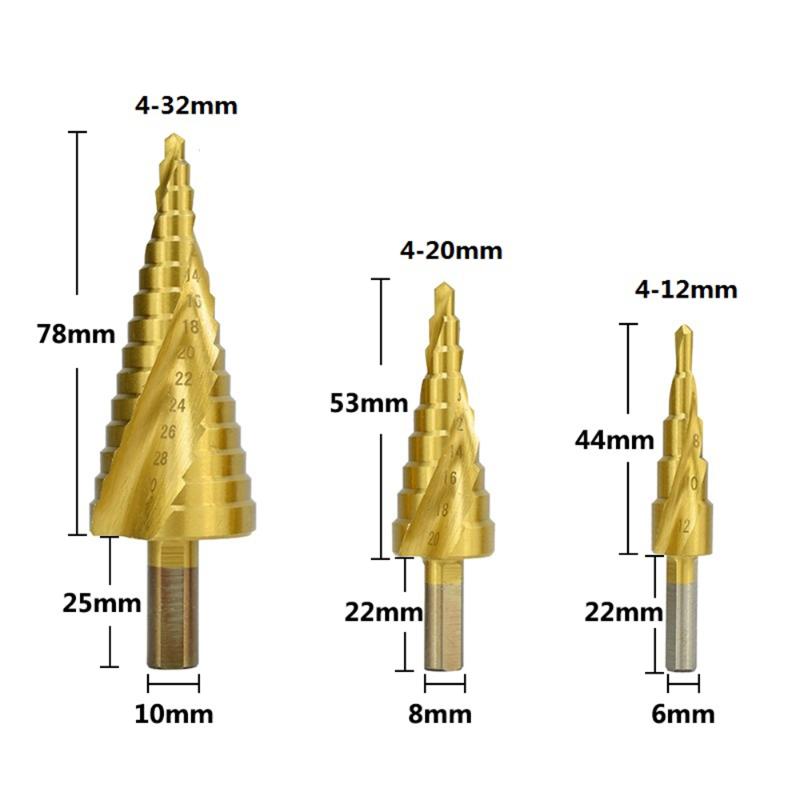 

4-12 4-20 4-32mm Titanium Coated HSS Step Drill Bit Spiral Drill Bit for Wood Metal Hole Drilling Cone