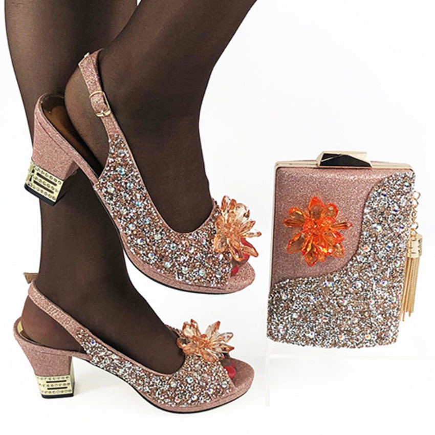 

good price Italian Shoes and Bag Set African Wedding Shoe and Bag set Italy Shoe and Handbag Summer Set Women!!DA1-15, Peach