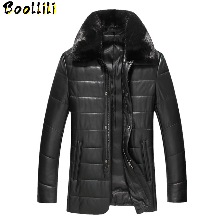 

Boollili Winter Men Genuine Leather Coat Sheepskin Mink Collar Real Leather Down Coat Mens Jacket Plus Size, Black
