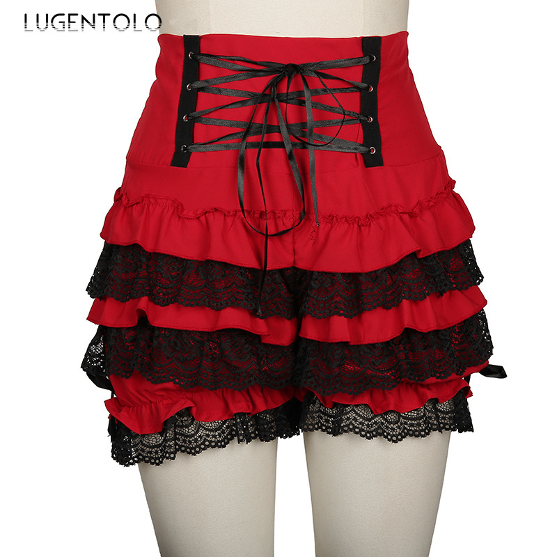 

Lugentolo Women Shorts Lace New High Waist Sexy Loose Splice Bandage Slim Fashion Sweet Summer Casual Plus Size Shorts, Black