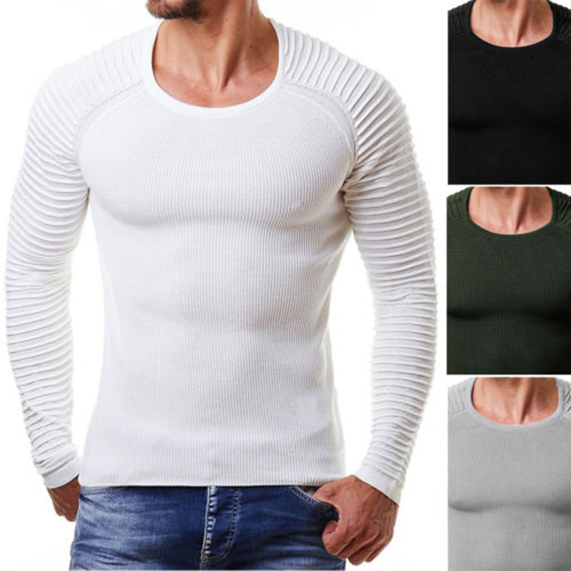 

Brand New Style Top Men Casual Slim Fit O-neck Pullover Sweater Coat Shirt Jumper Casual Solid Tops, Black