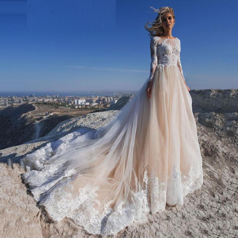 

2020 Champagne Beach Ball Gown Wedding Dress Long Sleeves Boho Lace Bridal Gowns Robe de soriee Custom Made Wedding Gowns, Ivory
