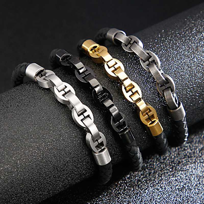 

Link, Chain Mens Black Leather Braided Bracelets Hiphop Vintage Stainless Steel Men Punk Rock Biker Bracelet Bangle Jewelry