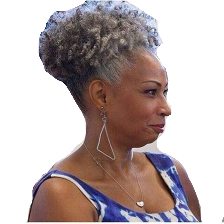 

Natural Grey Hair Drawstring Puff Ponytail Hair Extensions with Clips,African American Kinky Curly Ponytial Hair Piece for Black Women (Grey