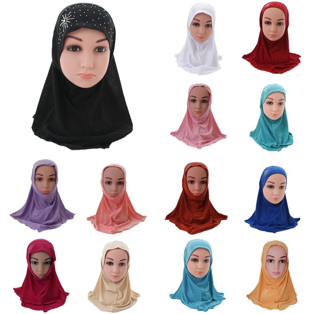 

Kid Girls Islamic Muslim Arab Hijab Scarf School Rhinestone Child Headwear Abaya Nace Cover Bonnet Shawl Wrap Headscarf Fashion