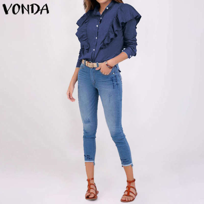 

VONDA Plus Size Blouses 2020 Sexy Long Sleeve Solid Color Ruffled Shirts Women Autumn Bohemian Tops Femme Elegant Blusas 5XL, Blue