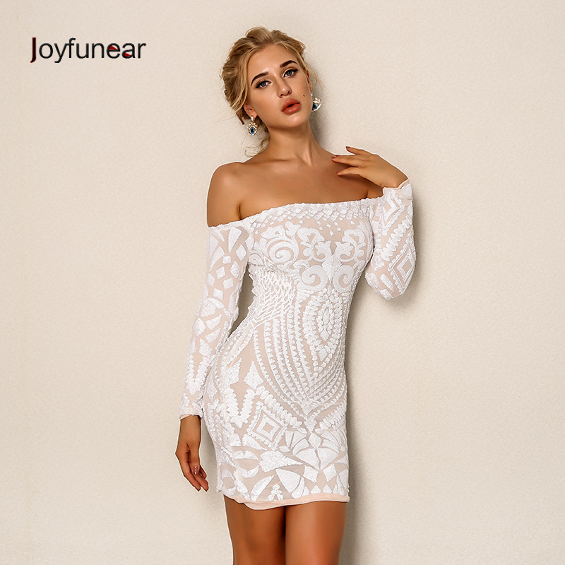 

Joyfunear Sexy Sequined Short Dress Women Elegant White Off The Shoulder Clubwear Party Vestidos Long Sleeve Mini Dresses Y19051102, Black