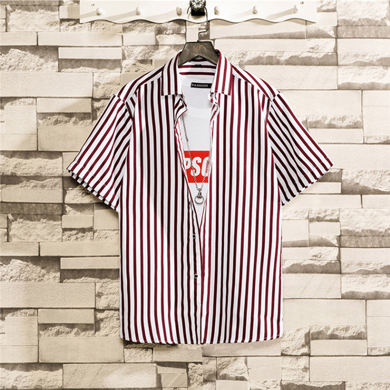 

Summer Fashion Striped Men Shirt Stand Neck Button Streetwear Casual Shirts Men Hip-hop Short Sleeve Pullover Tops Camisa, Black