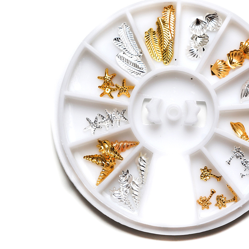 

Nail Jewelry Conch Shell Starfish Feather Gold& Silver Alloy Manicure Tips Clear Crystals Rhinestones For 3D Nail Art Decoration
