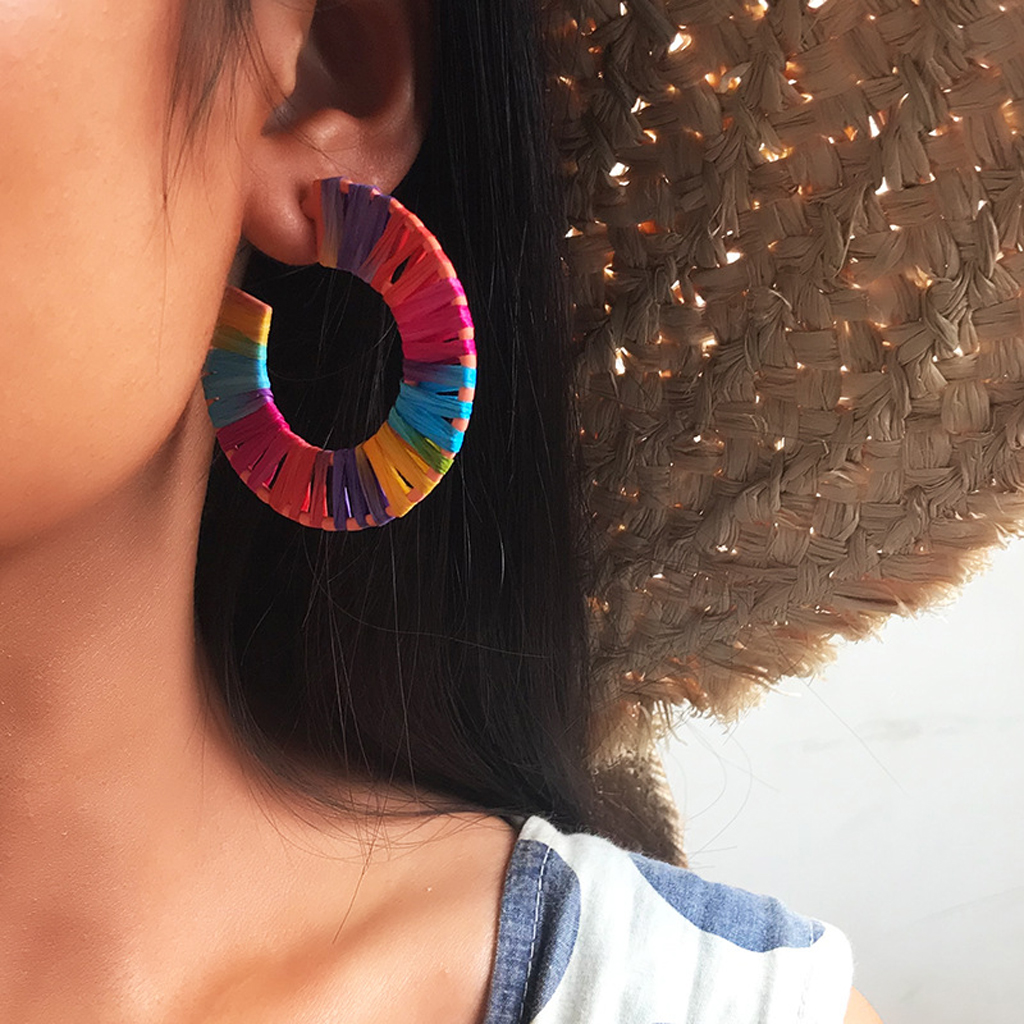 

1 Pair Raffia Hoop Earrings for Women Bohemian Handmade Statement Drop Dangle Geometric Earrings(2 Styles to Choose