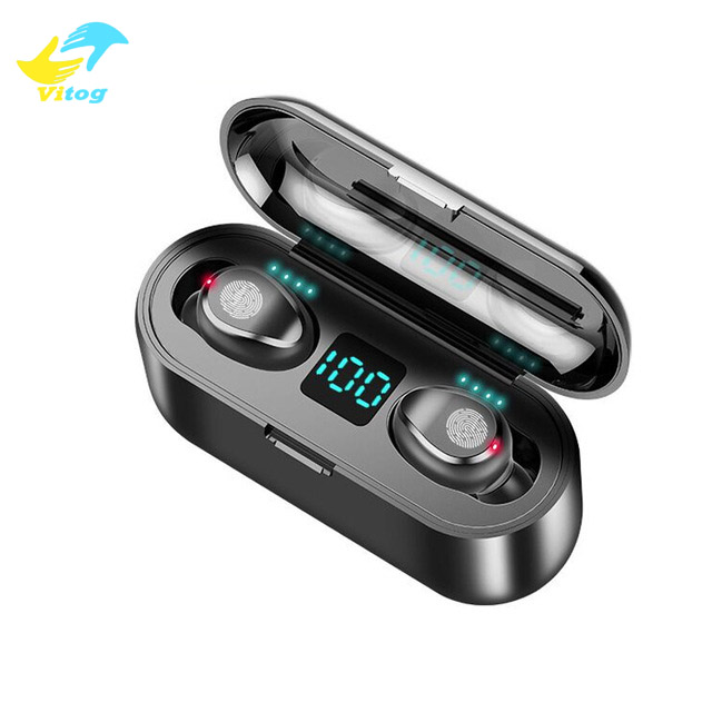 

Vitog F9 TWS waterproof Wireless earbuds Bluetooth 5.0 Touch Control Headphone LED power Display in ear Earphone With 2000mAh Power Bank, Black