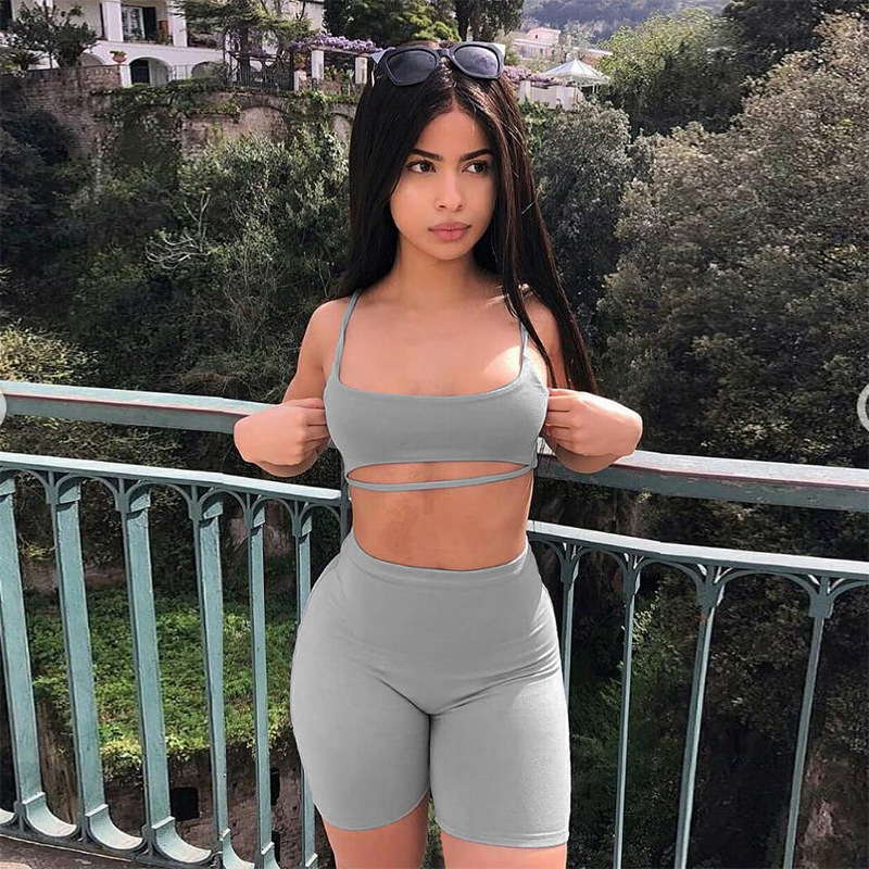 

2019 Legging Yoga Sets Women Gym Clothes Sleeveless Strapless Sexy Casual 2 Piece Fitness Set Sling Shorts Sports Wear Tracksuit, Black