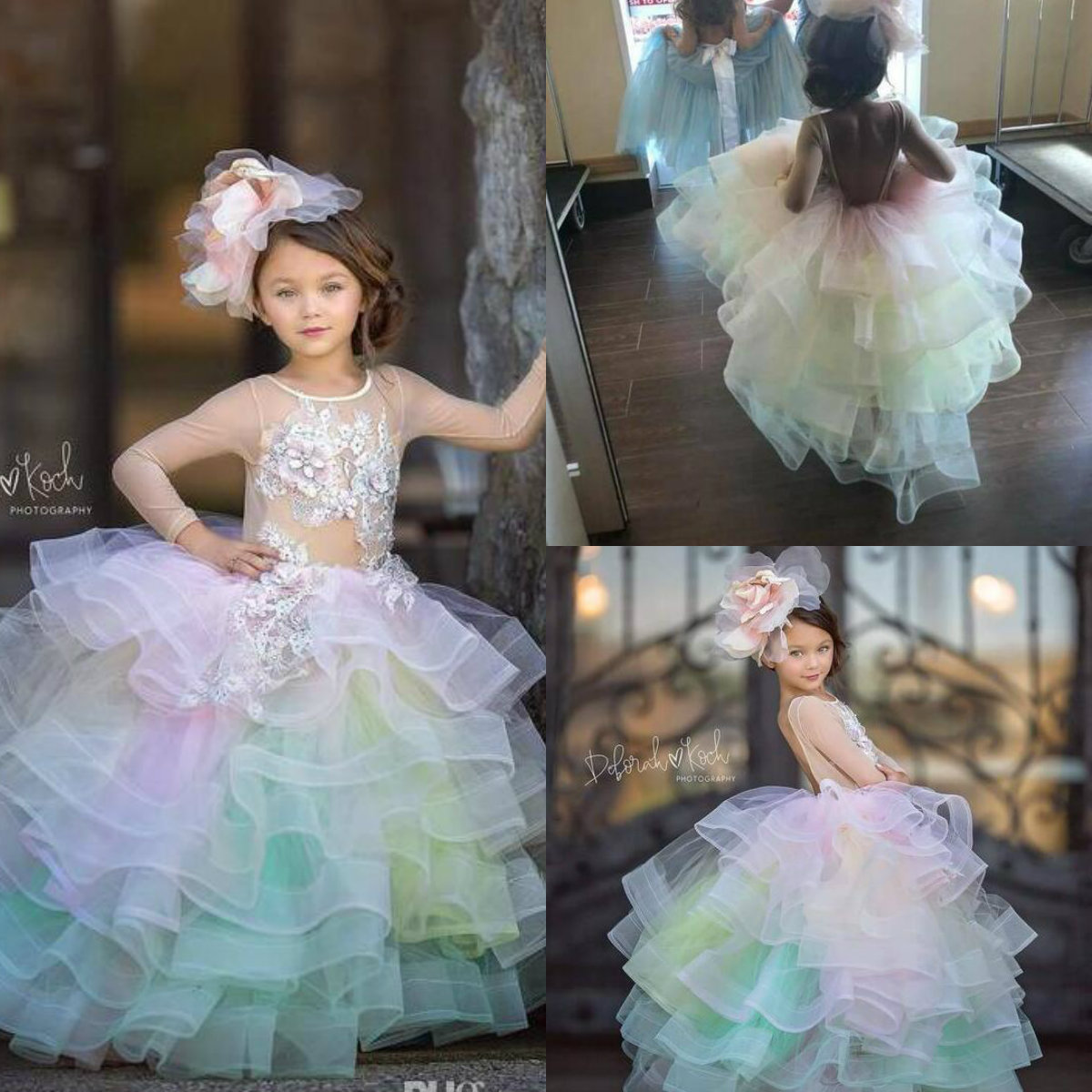 

Colorful Girls Pageant Dress Jewel Neck Sheer Long Sleeves Tiered Skirts Lace Flower Girl Dresses Custom Luxury Appliqued Kids Formal Gowns, Brown