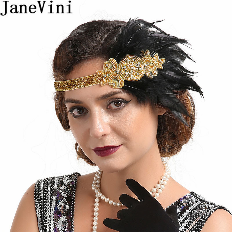 

JaneVini Vintage Wedding Hats and Fascinators for Women Elegant Feathers Headpiece Cosplay Wedding Prom Party Headband 1920s