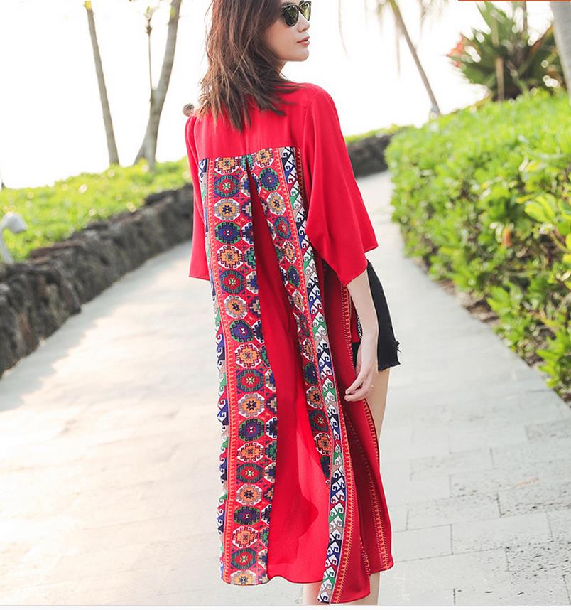 

2019 Summer 3/4 Sleeve Geometric Print Red chiffon Kimonos Women national Long chiffon Sunscreen Tops Lady Bohe Beach Kimonos