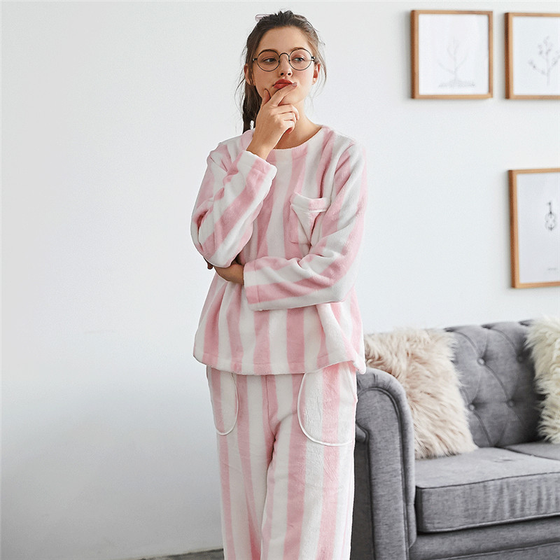 

Round collar home wear autumn winter new flannel pajama stripes two-piece women's Korean version