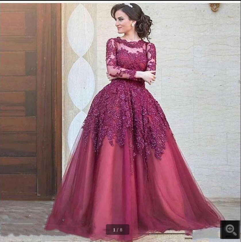 

Vestido De Novia ball gown purple lace appliques elegant prom dress long sleeve beaded sequins modest evening party prom gowns free shipping, Water melon