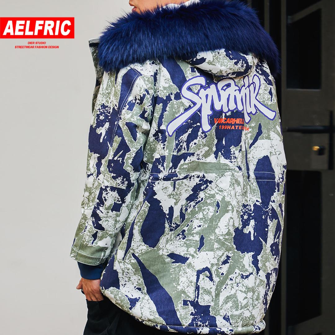 

AELFRIC Camouflage Printed Mens Hooded Parkas Hip Hop Casual Thick Padded Jackets Harajuku Long Windbreaker Fashion Streetwear, Blue