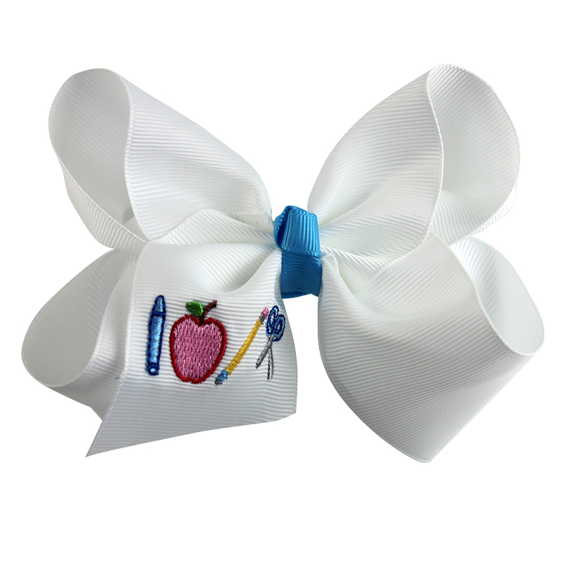 

4 inch Back To School Bows, Back To School Gift, Accessories Pencil Bow Personalized Gift, Hair Bow Handmade embroidery, White