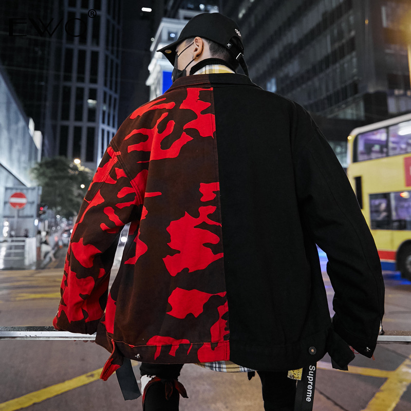 

Men' Jackets EWQ / 20 Clothing Ribbon Red Black Camouflage Hit Color Patchwork Loose Denim Jacket Male Hip-hop Handsome Coat 9Y197, Color matching