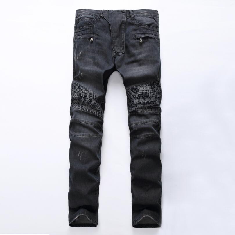 

Fashion Designer Mens Zipper Biker Jeans Patchwork Slim Fit Black Moto Denim Joggers Pleated Cool Jean, Blue