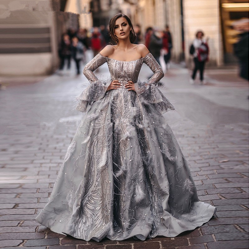 

Arabic Silver Grey Off Shoulder Ball Gown Evening Dresses with Feathers Long Sleeves Dubai Formal Prom Dress Vintage Party Gowns, Brown