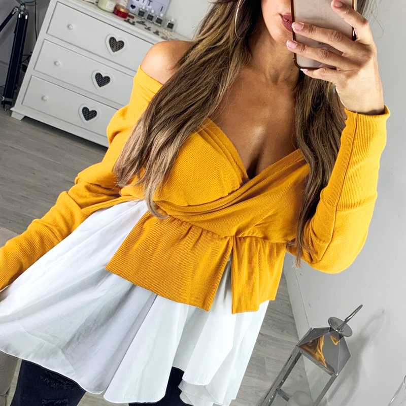 

Autumn Summer Sexy shirt womens 2019 V-neck cross strapless thread irregular stitching shirt women blouse Mujer Blusa tops, Burgundy
