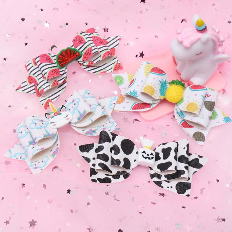 

5 Inch Children Hair Clip Print Leather Hair Bows for Girls Cute Hairpins Handmade Barrettes Fashion Accessories