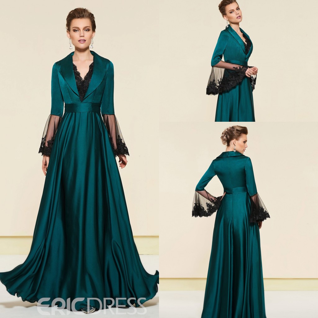 

Elegant Ericdress A Line Mother of The Bride Dresses V Neck Long Sleeve Wedding Guest Dress Lace Applique Sweep Train Evening Gown