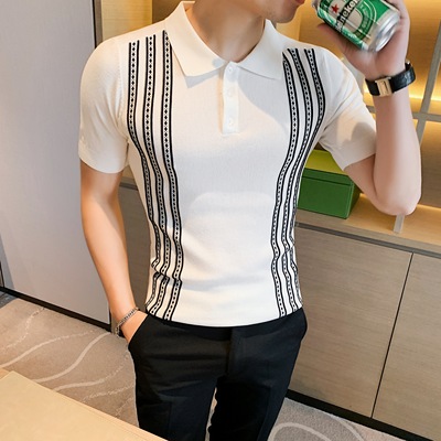 

shirt men' short-sleeved summer men' Korean-style slim British style society guy saucy lapel knitted shirt, Black