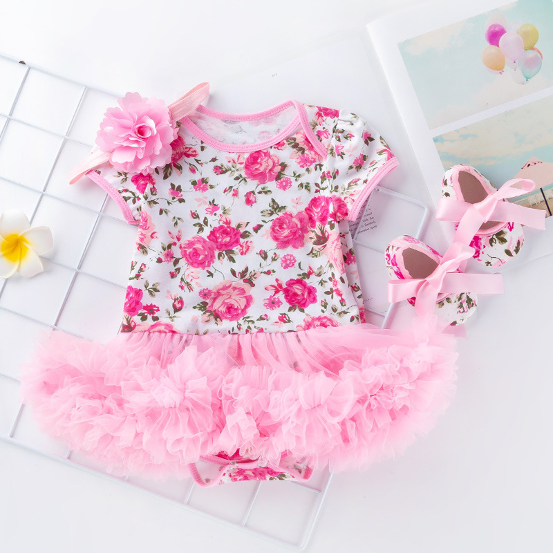 

New Rose Fashion Dress Baby Birthday Party Dress Newborn Baptism Toddler Baby Siamese + Head Flower + Shoes, Pink