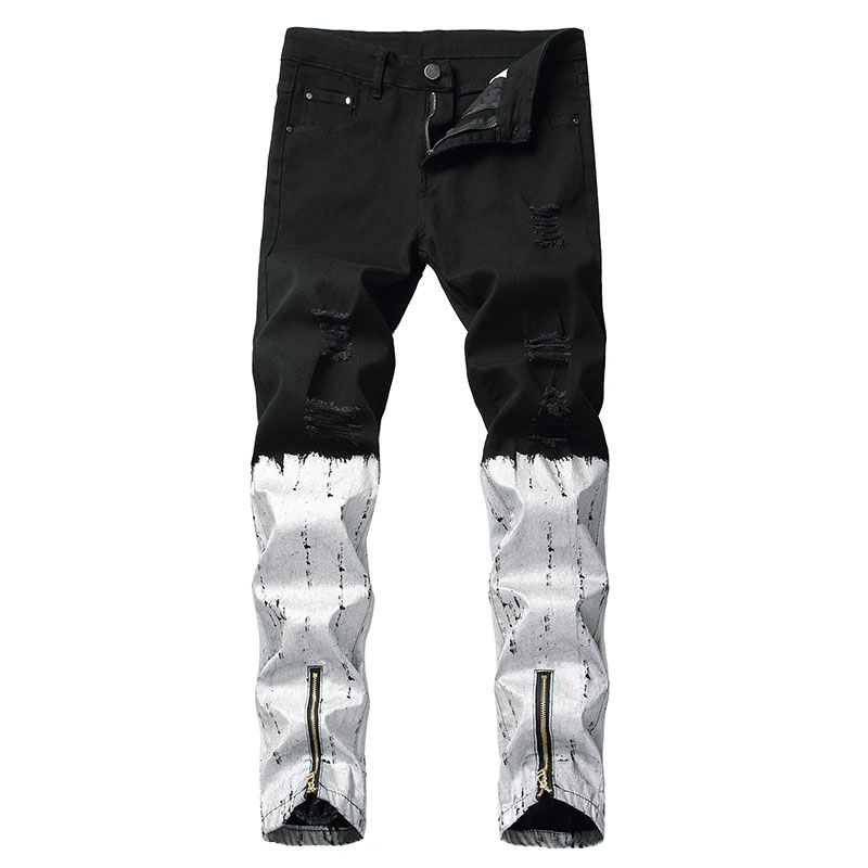 

Mens casual jeans Printing Slim elastic jeans Distressed Pencil denim pants Knees Holes high qualit, T-8911